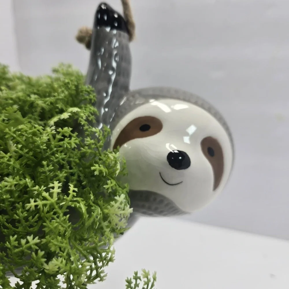 Handmade Sloth Hanging Planter with Faux Greenery – Cute Ceramic Wall Decor